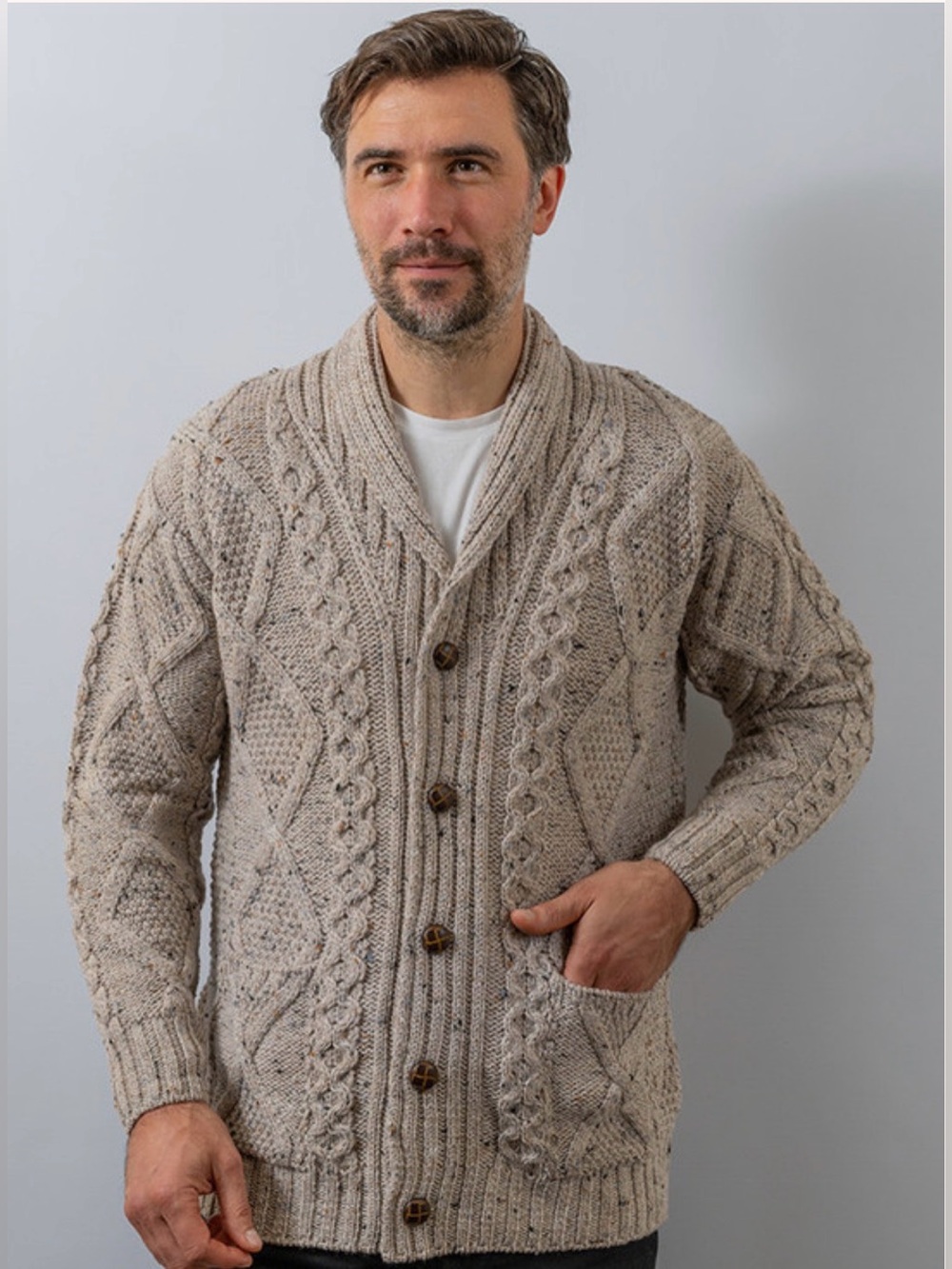 Aran Men's Shawl ‎Neck Diamo‎nd Cardigan 100% Merino Wool- Size S